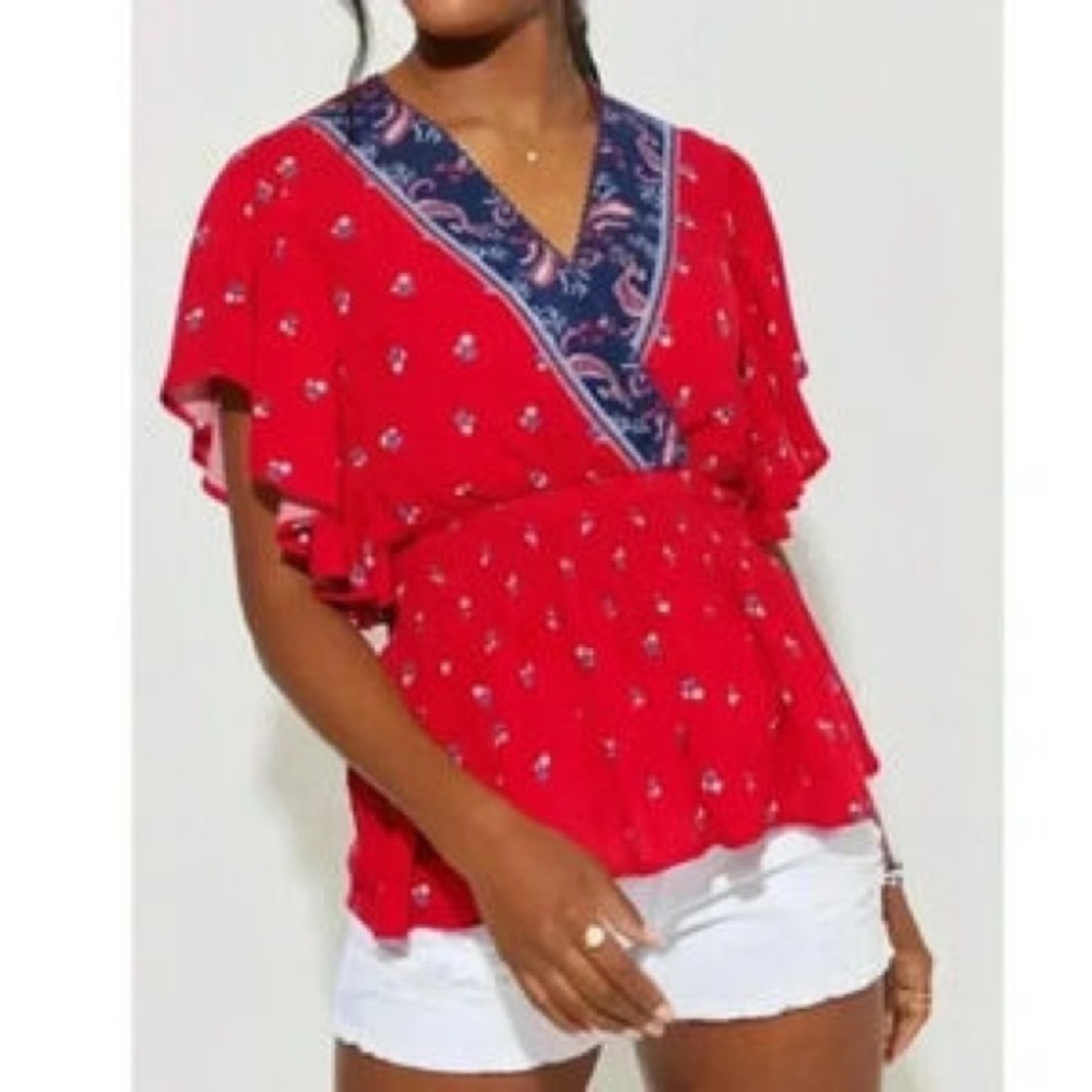 Miami Red and Blue Paisley V-Neck Western Flutter Sleeve Blouse Size Large